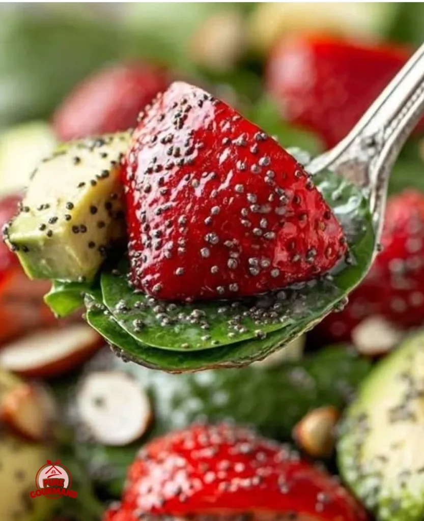 Fresh strawberry salad topped with poppy seed dressing in a vibrant bowl