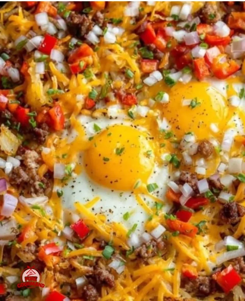 Delicious loaded breakfast hash in a skillet with colorful vegetables and toppings