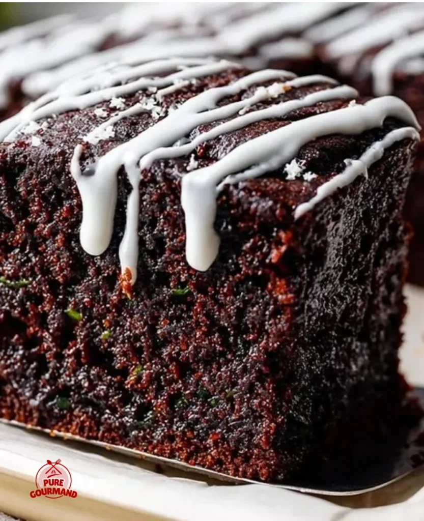 Delicious chocolate zucchini cake topped with frosting and chocolate shavings