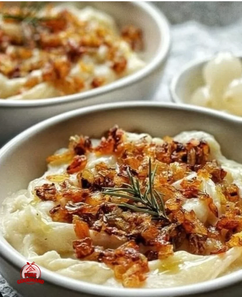 Delicious thyme onion mashed potatoes served in a bowl