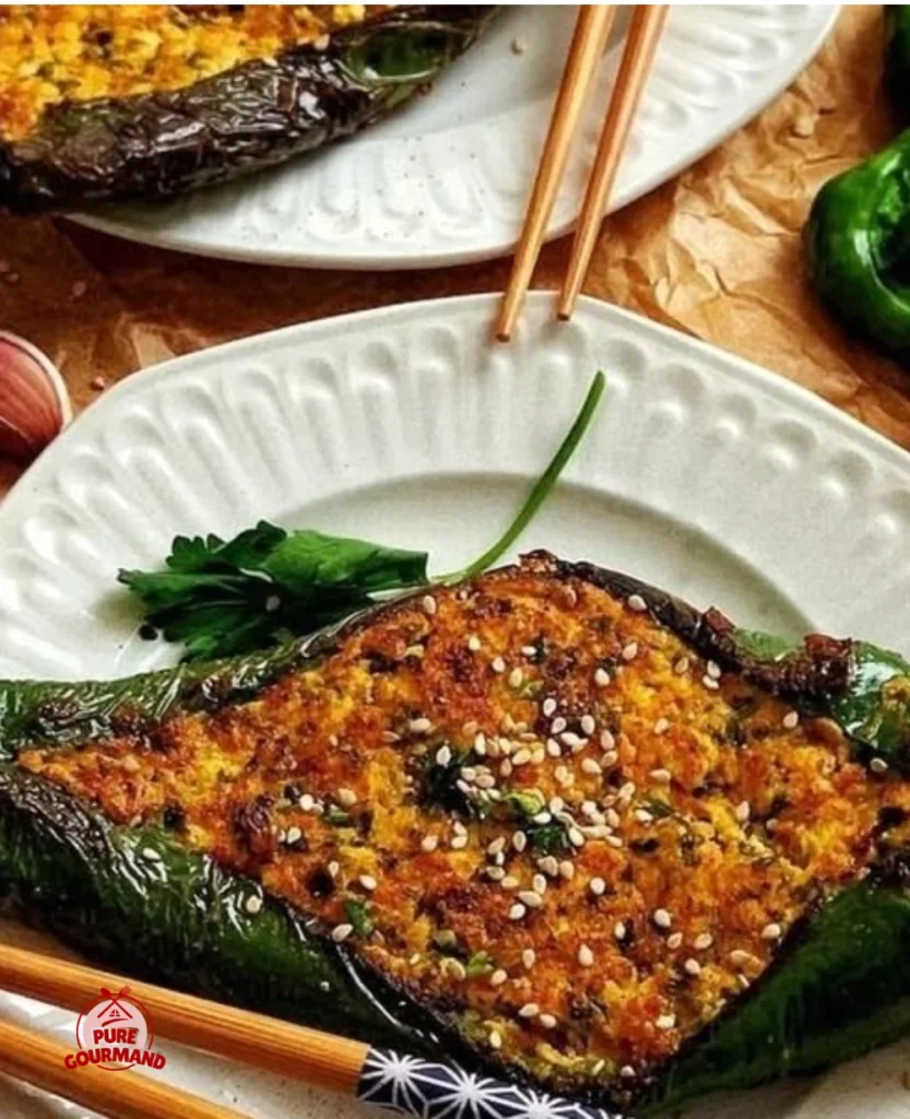 Tofu-stuffed green peppers served on a plate, garnished with fresh herbs.