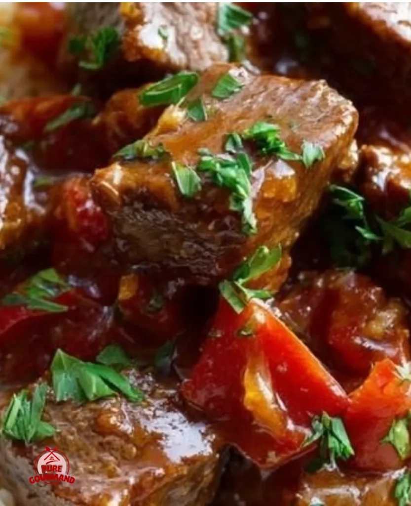 Bowl of Tomato Braised Beef Rice topped with fresh herbs and spices