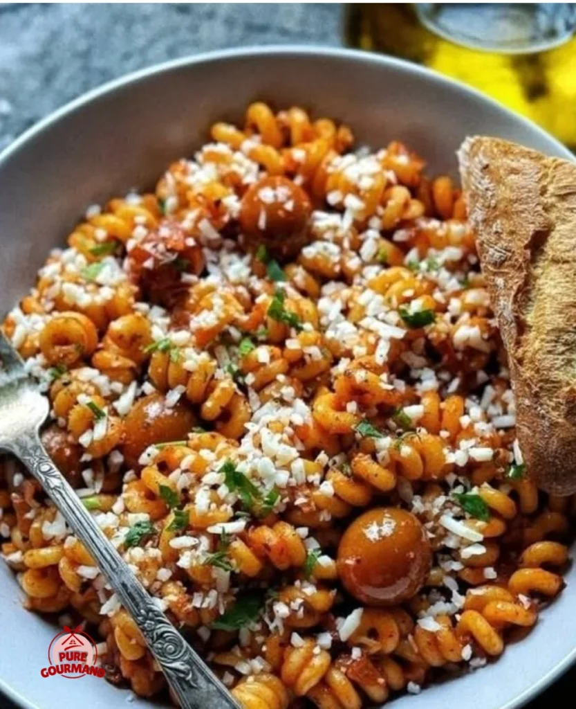 Delicious tomato pasta cooked with white wine, garnished with fresh basil.