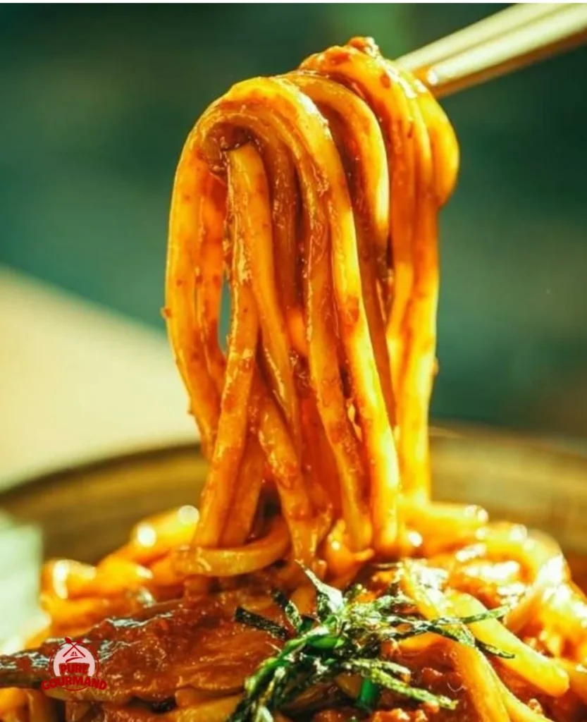 Bowl of Tomato Udon with Shrimp Paste and Beef - savory comfort food