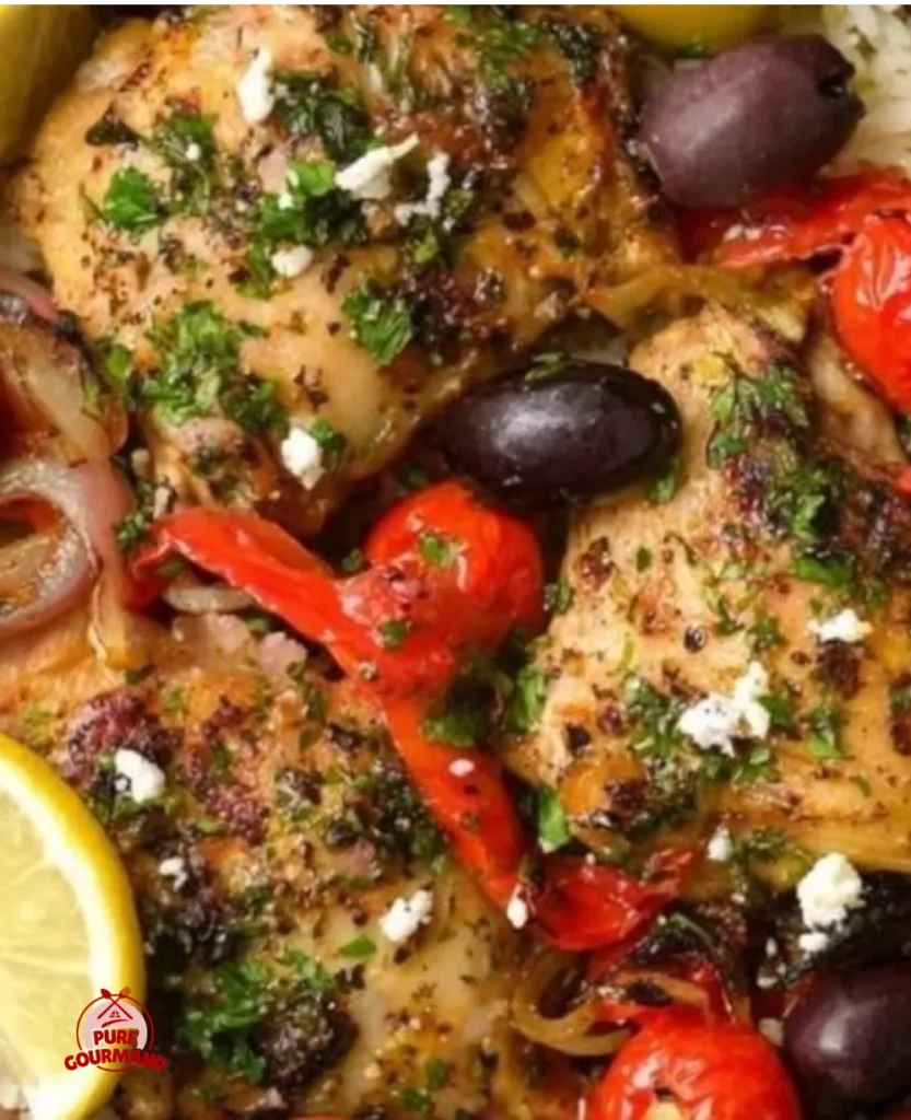 Delicious Crockpot Greek Chicken served with fresh vegetables and herbs.