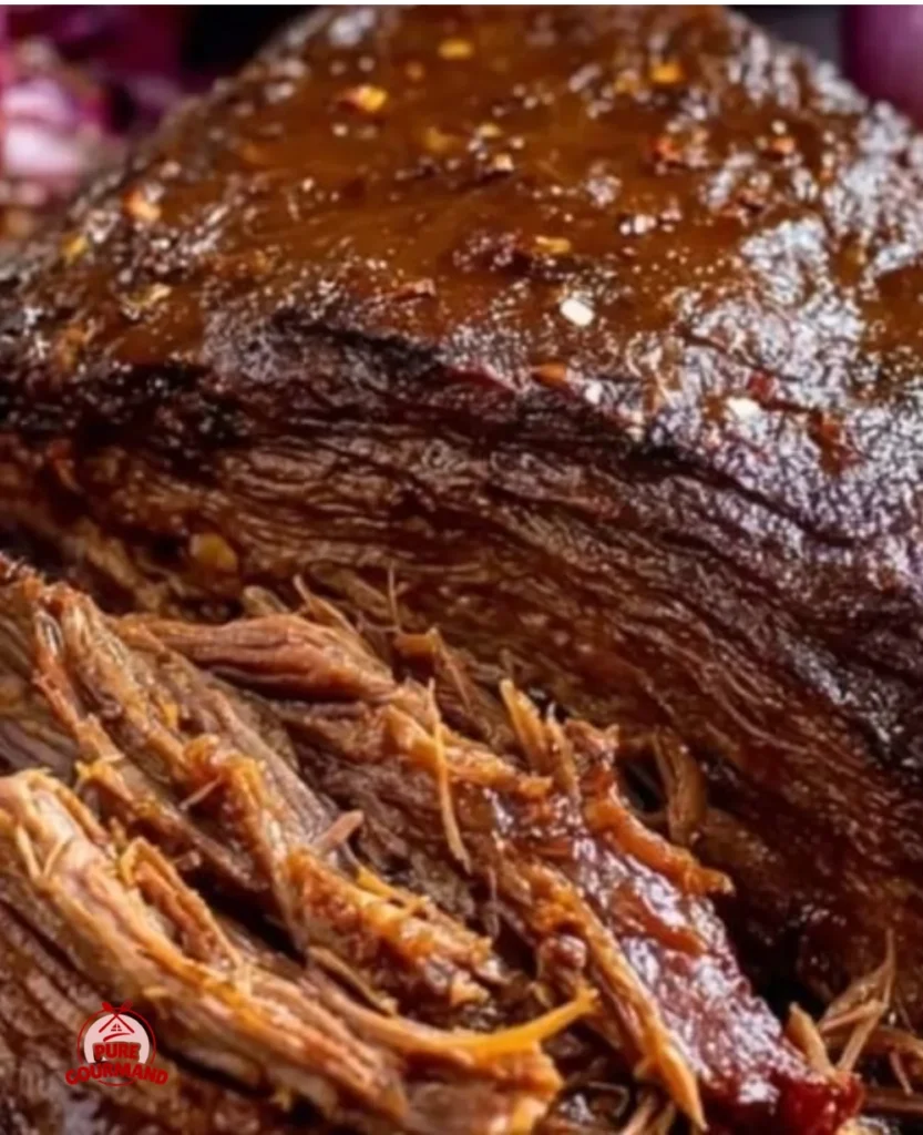 Tender pulled beef brisket with caramelized glaze and smoky flavor