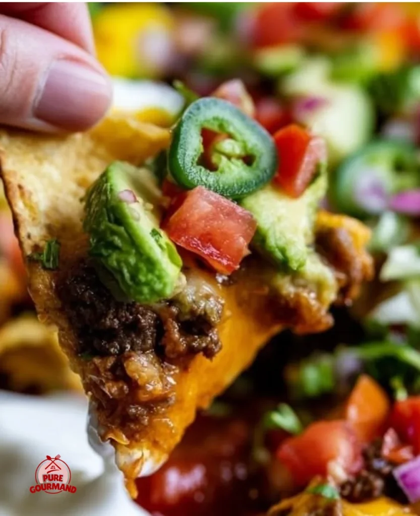 Ultimate ground beef nachos topped with fresh ingredients and melted cheese