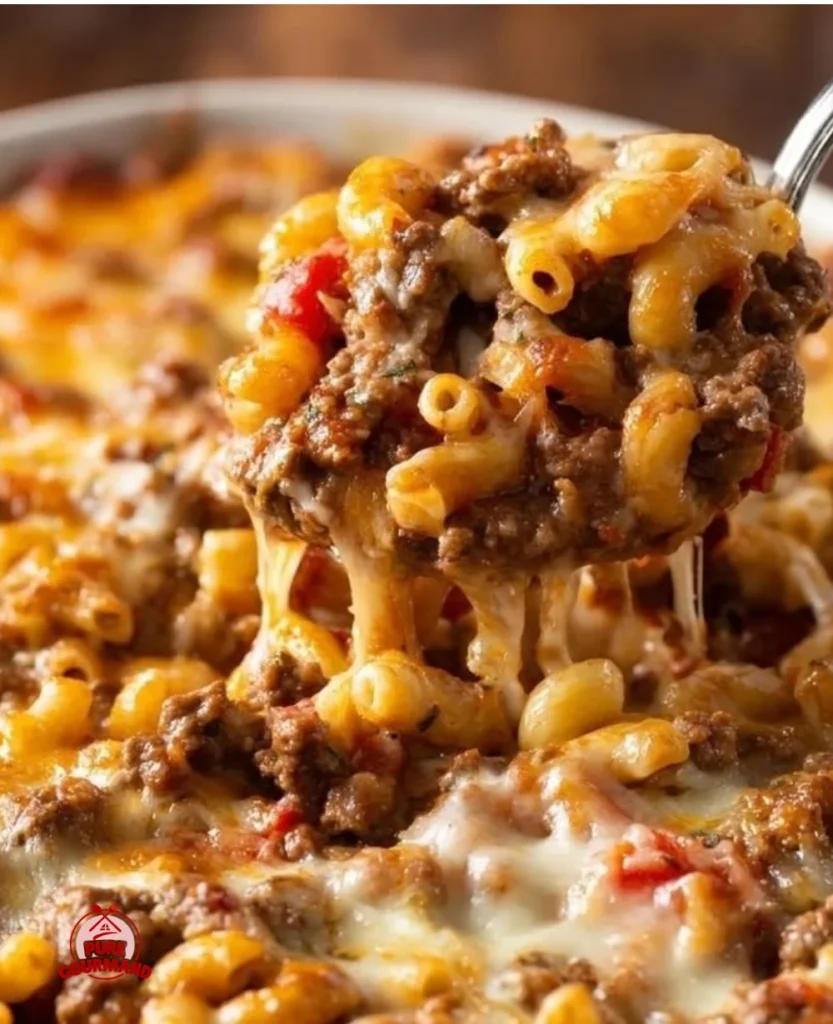 Delicious one-pot beefaroni served in a bowl with cheese and herbs