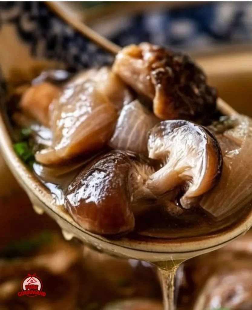Bowl of shrimp paste soup with mushrooms, showcasing a warm and inviting meal.