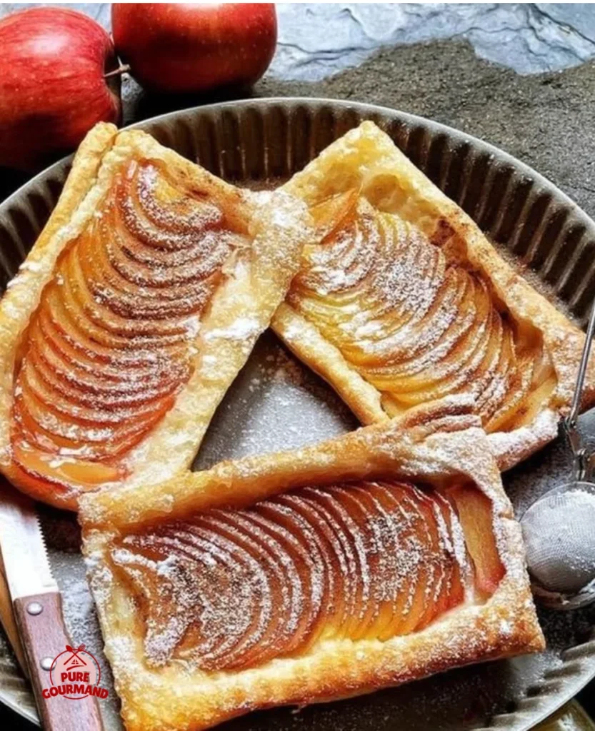 Delicious upside-down apple tart with caramelized apples on a rustic plate