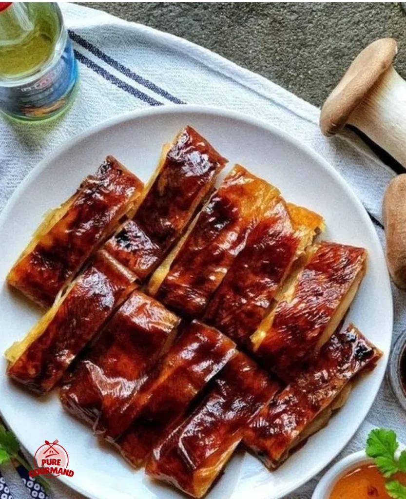 Delicious vegan mock roast duck made with king oyster mushrooms and tofu skin rolls