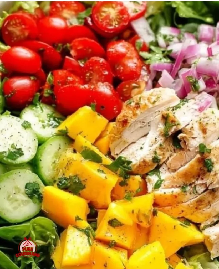 Zesty mango chicken salad with vibrant fruits and tender chicken.